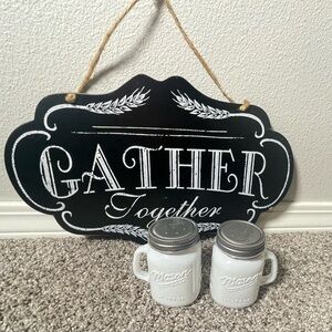 Wall deco plaque & two mini white glass mason jar salt & pepper shakers..